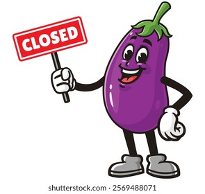 Eggplant with closed sign,       Cartoon Character Mascot Illustration Vector Clip-art Hand-drawn Logo Design