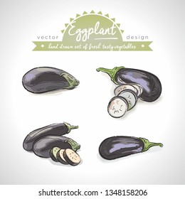 Eggplant Collection of fresh vegetables with leaf. Vector illustration. Isolated	