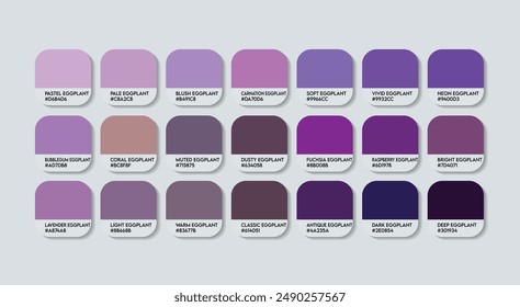 Eggplant Color Palette, Eggplant Color Guide Palette with Color Names. Catalog Samples of Purple with RGB HEX codes and Names. Indigo Colors Palette Vector, Fashion Trend Eggplant Color Palette Vector