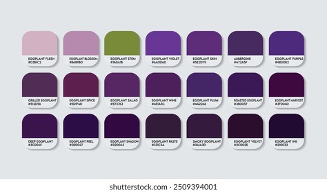 Paleta de cores de berinjela, Paleta de guias de cores de berinjela com nomes de cores. Amostras de catálogo de cores de metal roxo com códigos RGB HEX. plástico, pintura, cor roxa, moda tendência berinjela cor sombra Tom