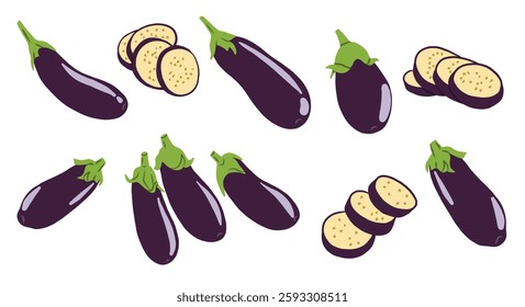 Eggplant Colored Icon Set, Vector Vegetable Food Symbol Collection
