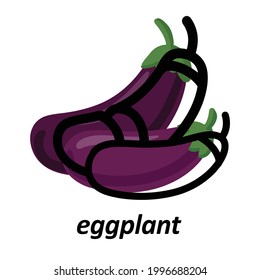 Eggplant colorful with black bold line silhouette. Fresh cartoon different vegetable isolated on white background used for magazine, book, poster, card, menu cover, web pages, icon