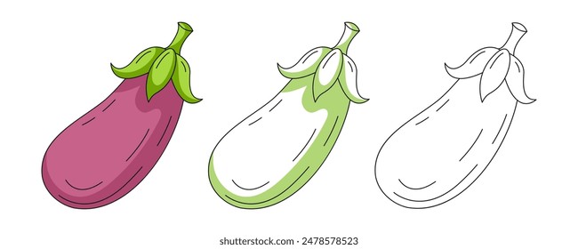 Eggplant, colorful and line icons set. Farm vegetable vector outline icon, monochrome and color illustration. Healthy nutrition, organic food, natural product. For sticker, logo, coloring book