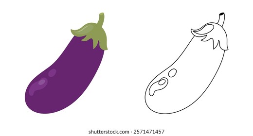 Eggplant, coloring page. Vector illustration of vegetables for kids. Children's coloring book with a color example. Outline.