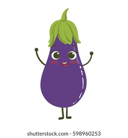 Eggplant Cute Anime Humanized Smiling Cartoon Vegetable Food Character Emoji Vector Illustration