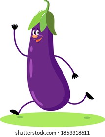 Eggplant cute cartoon character. Funny vegetable is runing. Concept of healthy food, fitness, vegetarian. Vector illustration isolated on white background 