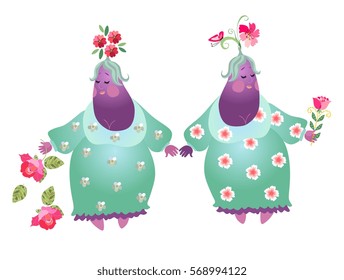 Eggplant. Cute cartoon characters. Stylized fat women. Vector image. Book illustration. Childish design.