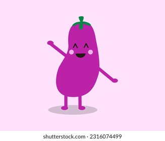 Eggplant cute character. Fruits and vegetables cute character in cartoon style with happy faces dancing.