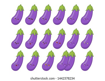 Eggplant cute kawaii mascot. Set kawaii food faces expressions smile emoticons. 