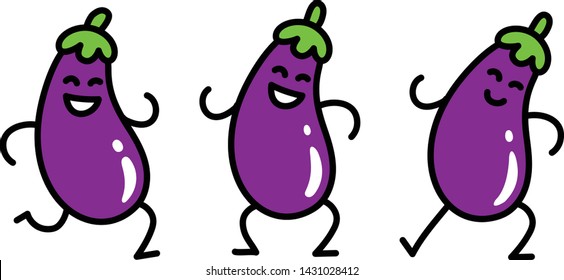 Eggplant dancing characters cartoon drawing set. Isolated vector vegetable clipart illustration doodle.