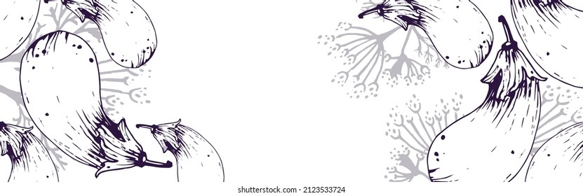 Eggplant and dill banner. Vegetable background. Hand drawing. Flat vector illustration. Eps10.