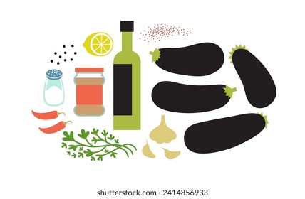 Los ingredientes frescos de la berenjena se ponen a la venta. Ilustración vectorial plana aislada en fondo blanco.