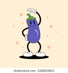 Eggplant is doing exercise or dancing. Vector illustration.