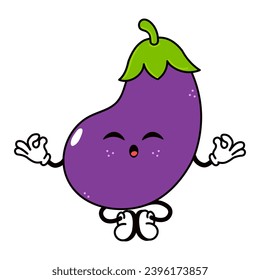 Oberenjena haciendo carácter de yoga. Dibujo a mano del vector tradicional de caricatura vintage, retro, kawaii icono de ilustración del personaje. Aislado sobre fondo blanco. Carácter relajante de la planta hidráulica