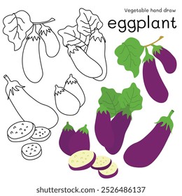 Eggplant doodle vegetable hand drawn outline and colors for kid, Package, labels Design element. Vector illustration