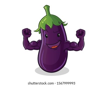 eggplant emoticon strong muscle cartoon mascot vector illustration