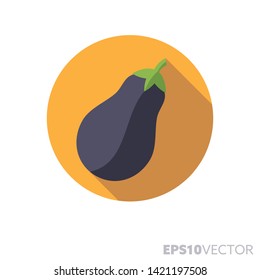 Eggplant flat design round icon. Color symbol of food and vegetables. Long shadow vector illustration in a circle isolated on white background.