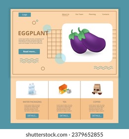 Eggplant flat landing page website template. Water packaging, tea, coffee. Web banner with header, content and footer. Vector illustration.