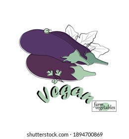 Eggplant in a flat style. Isolated on white. Inscription. Design for prints, banners, posters, menus. Vector illustration.