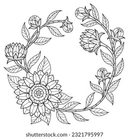 Eggplant flower wreath hand drawn for adult coloring book