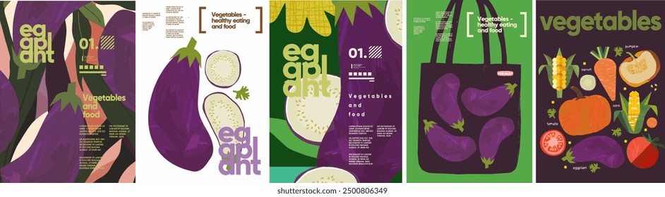 Eggplant, food and vegetables. Vector modern abstract illustration of eggplants isolated on white background, in bag and pattern for background, poster, flyer or brochure cover