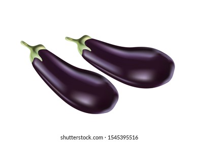 Eggplant. Fresh vegetables. Collection of eggplant. Label with the inscription. Fresh ripe eggplant with green stalks isolated on a white background. Vegetarian food