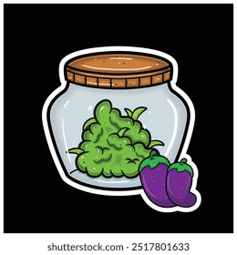 Sabor de la fruta de la berenjena con la mascota de la historieta de Weed Bud en tarro. Para pegatina y etiqueta. Vector e ilustración.