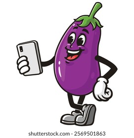 Eggplant with gadget,      Cartoon Character Mascot Illustration Vector Clip-art Hand-drawn Logo Design