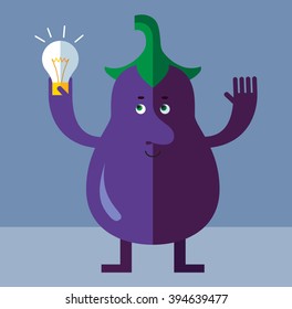 Eggplant get the idea holding bulb. Flat style vector illustration . Funny cartoon character