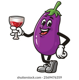 Eggplant with a glass of drink,      Cartoon Character Mascot Illustration Vector Clip-art Hand-drawn Logo Design