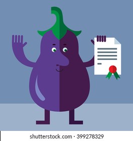 Eggplant with graduation diploma. Flat style vector illustration . Funny cartoon character