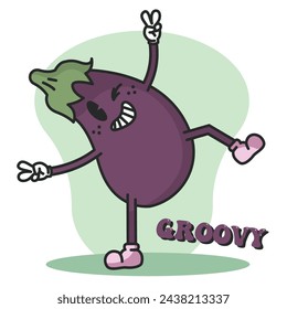 Eggplant groovy cartoon Vegetable cute kawaii Vector illustration