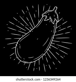 Eggplant. Hand drawn vector illustration with eggplant and divergent rays. Used for poster, banner, web, t-shirt print, bag print, badges, flyer, logo design and more. 