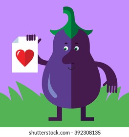 Eggplant with heart icon. Flat style vector illustration . Funny cartoon character