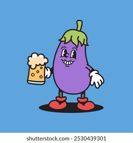 Eggplant Holding Beer Retro Mascot Cartoon Vector Illustration