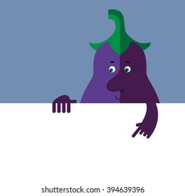 Eggplant holding a blank sheet pointing. Flat style vector illustration . Funny cartoon character