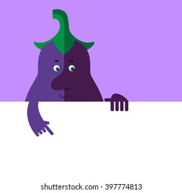 Eggplant holding a blank sheet pointing. Flat style vector illustration . Funny cartoon character
