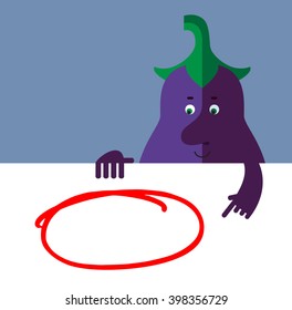 Eggplant holding a blank sheet and pointing on red empty frame. Flat style vector illustration . Funny cartoon character