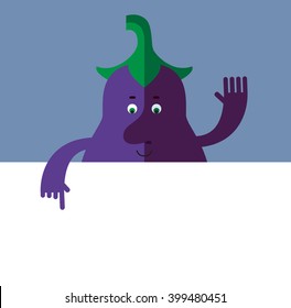 Eggplant holding a blank sheet pointing. Flat style vector illustration . Funny cartoon character