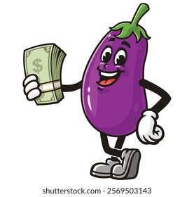 Eggplant holding cash,        Cartoon Character Mascot Illustration Vector Clip-art Hand-drawn Logo Design