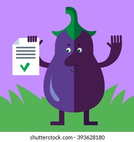 Eggplant  holding check list. Flat style vector illustration . Funny cartoon character