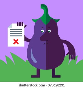 Eggplant holding checklist with X sign. Flat style vector illustration . Funny cartoon character