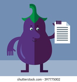 Eggplant holding document. Flat style vector illustration . Funny cartoon character