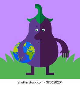 Eggplant holding a globe. Flat style vector illustration . Funny cartoon character