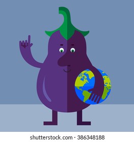 Eggplant holding a globe and making attention gesture with forefinger . Flat style vector illustration . Funny cartoon character