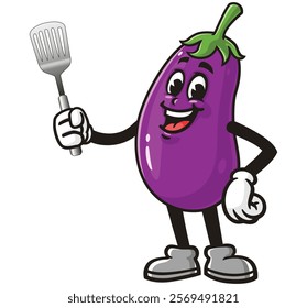 Eggplant holding a spatula,        Cartoon Character Mascot Illustration Vector Clip-art Hand-drawn Logo Design