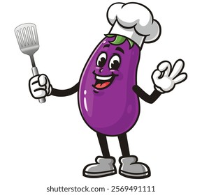 Eggplant holding a spatula and wearing a chef's hat,        Cartoon Character Mascot Illustration Vector Clip-art Hand-drawn Logo Design