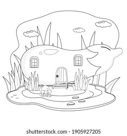 Eggplant house in the middle of the forest. Black and white vector illustration for a coloring book
