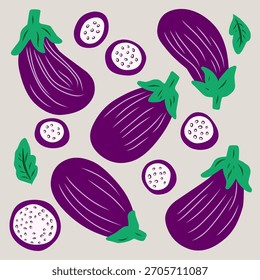 Eggplant illustration in bold flat hand-drawn style for pattern and kitchen theme. Perfect for packaging, fabric prints, branding, and food-related content.