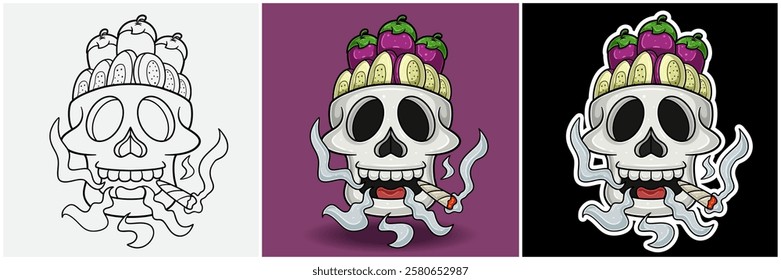 Eggplant Inside Skull Head With Smoking Character Cartoon. Black White, Colorful and Sticker Style. For T shirt print, Brand Logo, Label and Mascot product. Vectors Illustrations